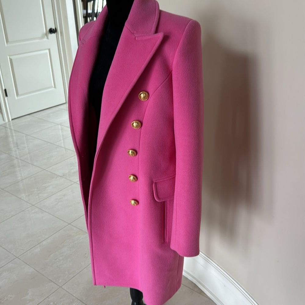 Balmain pink Barbie coat overcoat double breasted blazer gold button sz 38 $3695 - Picture 5 of 12